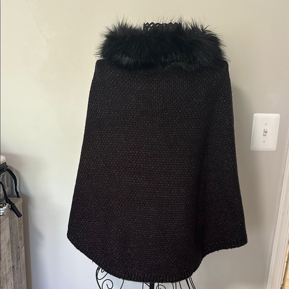 Ann Taylor Black Knit Poncho with Faux Fur Trim